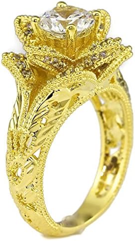 Hand Carved Vintage Inspired Blooming Rose Flower CZ Engagement Ring Yellow Gold Plated Size 8