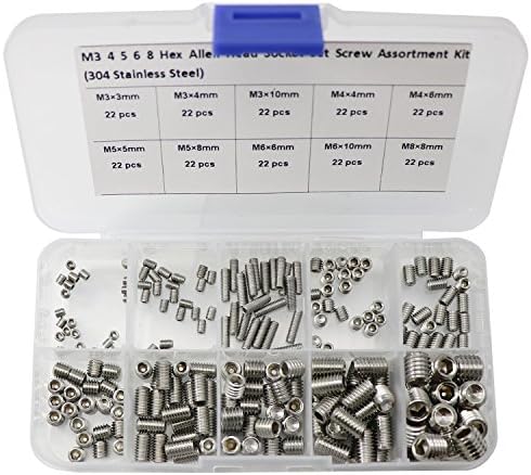 220 Pcs M3/4/5/6/8 Allen Head Socket Hex Grub Screw Set Assortment Kit-304 Stainless Steel