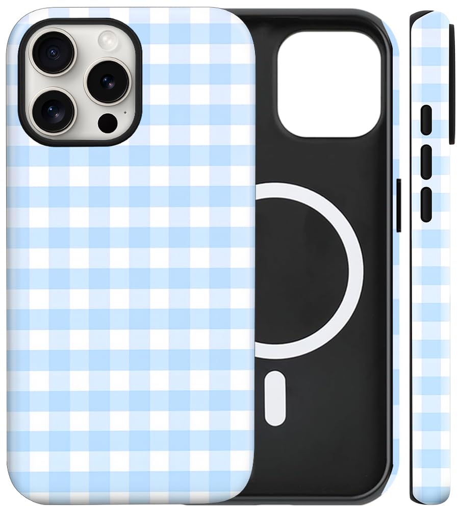 flewfun Magnetic for iPhone 13/14 Case Cute Checkered Stripes Phone Case for Women Girls, Shockproof Slim TPU and Hard PC Protective Phone Cover Compatible with MagSafe Designed, Blue