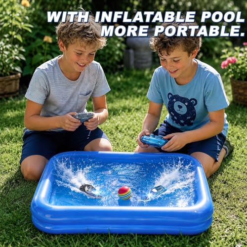 Set of 2 RC Mini RC Boat with Flashing Lights, Game with Foam Ball, 360° Rotation & 2 Speeds, Inflatable Pool Included, Water Toy Gift Boy Girl