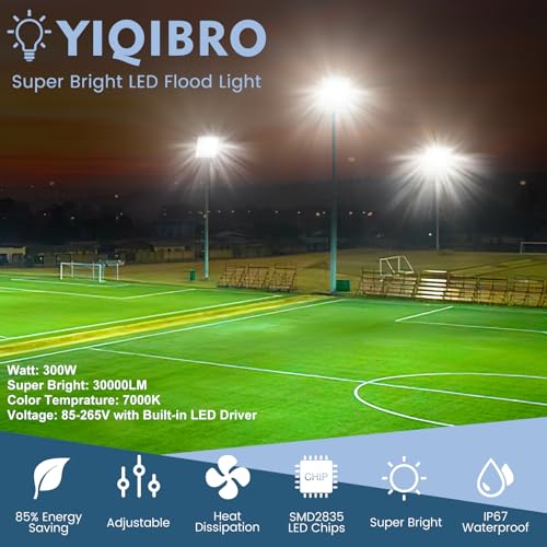 YIQIBRO Outdoor LED Spotlight 300W 2 Pieces, IP67 Waterproof 3 in 1 Outdoor LED Floodlight, 30000LM 7000K 315 LEDs Outdoor LED Light for Terrace Garden Garage Factory Stadium