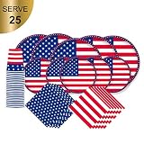 American Flag Patriotic Paper Tableware Set- 125 Pieces - Including Napkins, 10" Big Paper Dinner Plates,7" Dessert Plates and Paper Cups, complete set for Veterans day, Election day