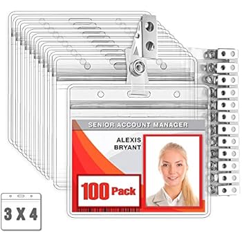 MIFFLIN Horizontal Plastic Card Holder with Metal Clip and Vinyl Straps (Clear, 3x4 Inch, 100 Pack), Waterproof PVC ID Name Badge Holder with Clip