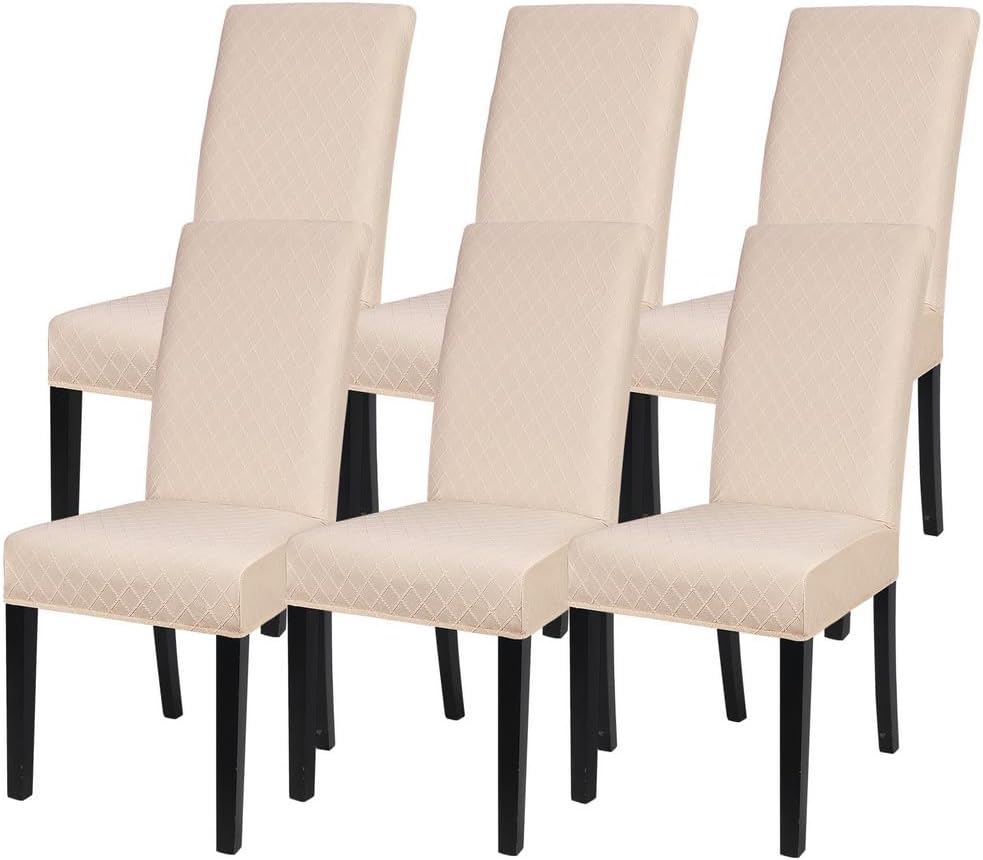 Slipcovers - SearchI Dining Room Chair Covers Set of 6, Stretch Jacquard Parsons Chair Slipcovers Super Fit Removable Washable Kitchen Chair Protector Cover for Dining Room, Hotel, Ceremony (Beige Rhombus)
