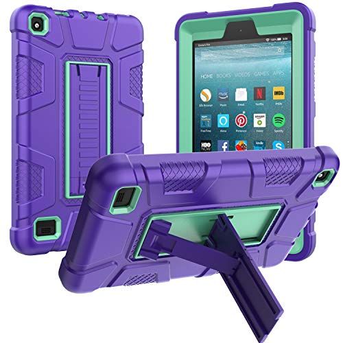 All-New Amazon Fire 7 Tablet (9th Generation, 2019 Release only), Rugged Kickstand Series - Shockproof Heavy Duty Hybrid Three Layer Armor Defender Kids Child Proof Case Cover - Purple Teal