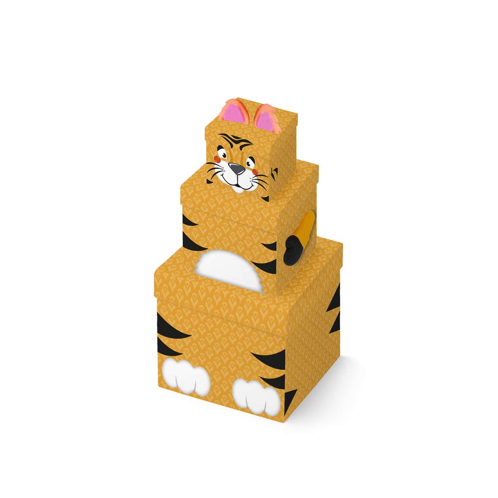 Clairefontaine K-29058-BXC - A Set of 3 Stackable Square Cardboard Boxes - Pattern Box for Kids - Pattern: Tiger - Best for: Storage, Decoration, Gift Boxes