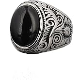 Udefwl Black Onyx Ring for Men, Men Silver Stainless Steel with Black Onyx Stone，Intricate Filigree Accents, Vintage-Inspired Design, Size 8-12