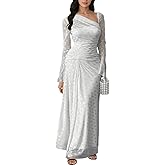 HWP Women Sexy Lace Maxi Dress Off Shoulder Long Sleeve Bodycon Dress Ruched Mesh Wedding Guest Cocktail Party Long Dresses