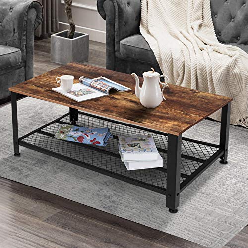 KINGSO Industrial Coffee Table with Storage Shelf for Living Room, Wood