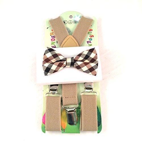 Baby Toddler Kids Children Boys Girls Tan Suspender & Plaid Bow Tie Set