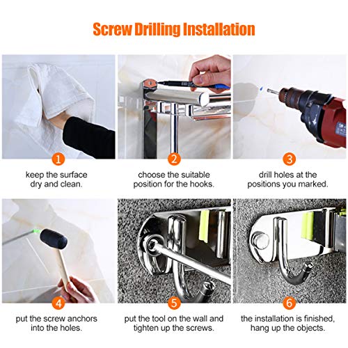 Broom Mop Holder Wall Mount Stainless Steel Wall Mounted Storage Organizer Heavy Duty Tools Hanger with 3 Racks 4 Hooks for Kitchen Bathroom Home Kitchen Garage Garden