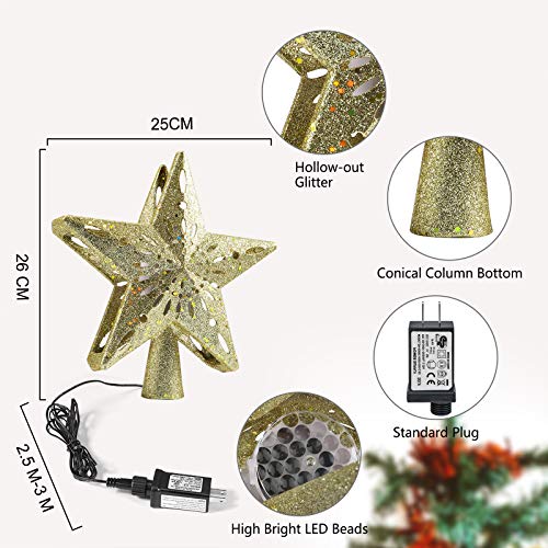 Delicacy Christmas Tree Topper, Lighted Star Tree Toppers with LED Rotating Snowflake Projector Lights, Gold Star Snow Tree Topper for Holiday Party Xmas Tree Decorations