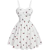 WDIRARA Women's Cheery Embroidered Ruched Bust A Line Cami Short Dress Pearl Button Ruffle Dresses