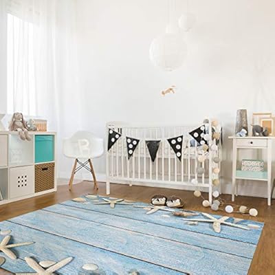 Greeeen Area Rug for Bedroom Living Room- Starfish and Shells on Blue Wooden Beach Theme Contemporary Floor Carpet Comfy… 51sIg3i6EYL