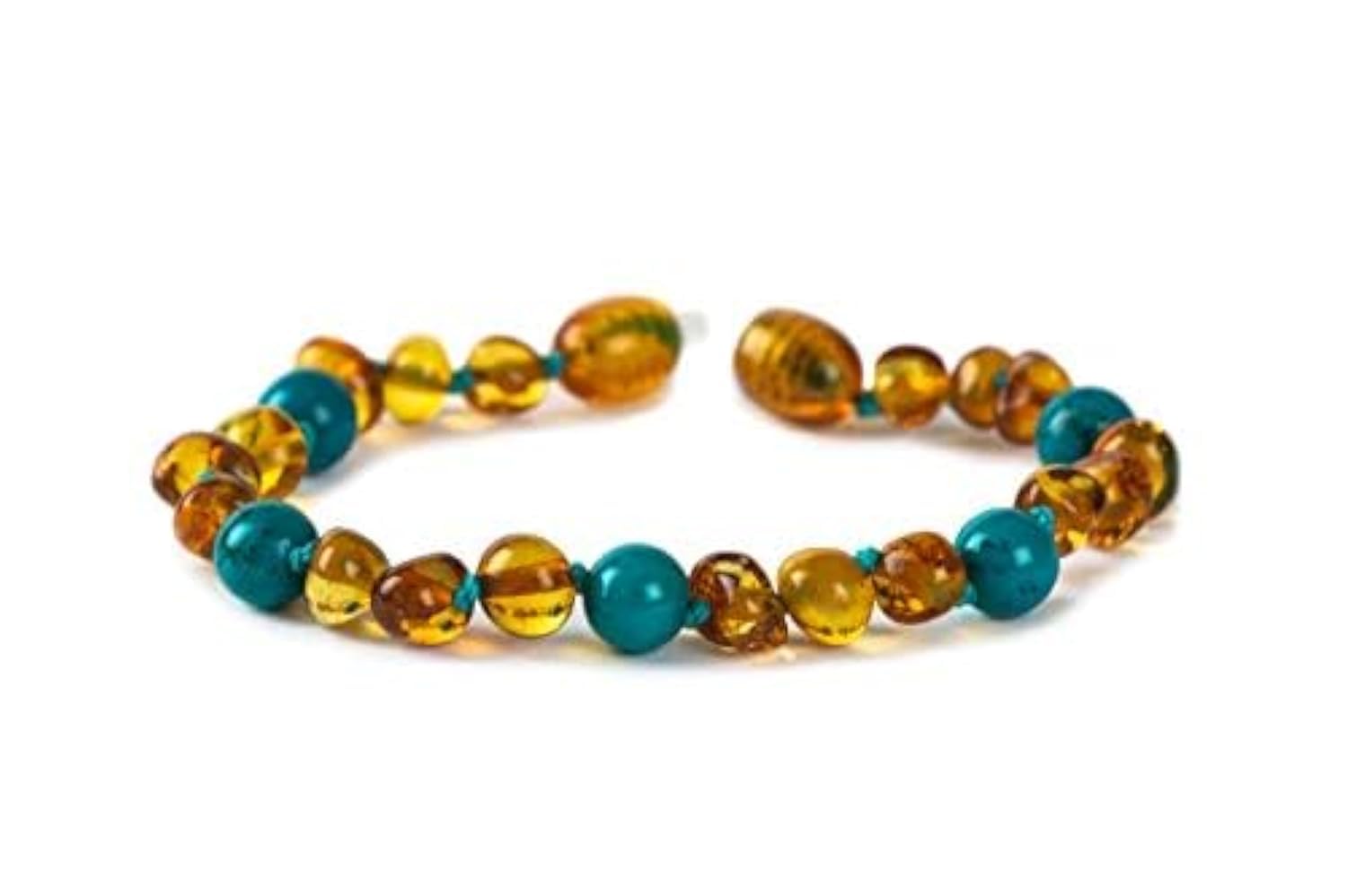 Baby J's - Cognac and Turquoise Coloured Bracelet/Anklet - Premium Amber Bracelet - Handcrafted with 100% Baltic Amber - Fitted with a Safety Screw Clasp - Knotted to Prevent Scattering - 18cm — image 1
