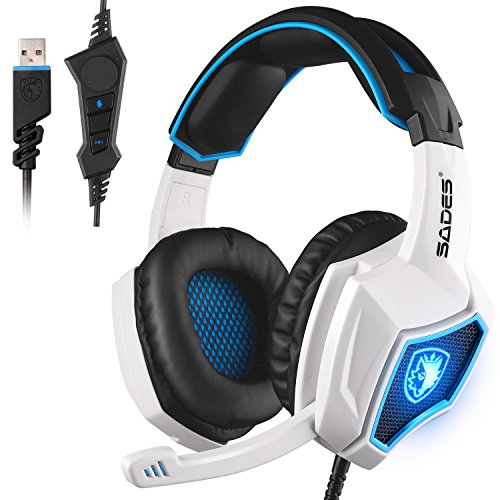 2017 Newest SADES Spirit Wolf USB Over Ear Computer Gaming Headset with Vibration Effect,Hidden Microphone,Noise Isolating Volume Control LED Light For PC Gamers (Black White)