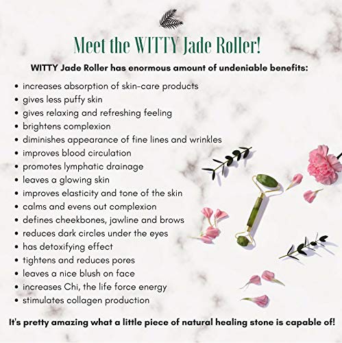WITTY Jade Face Roller and Gua Sha Set in Hand-Drawn Giftbox - Gua Sha Stone, Face Massager Roller, Beauty Massage Face Scraper Tools - Guasha Tool for Face Roller Skin Care, Eyes, Neck - Extra Pouch