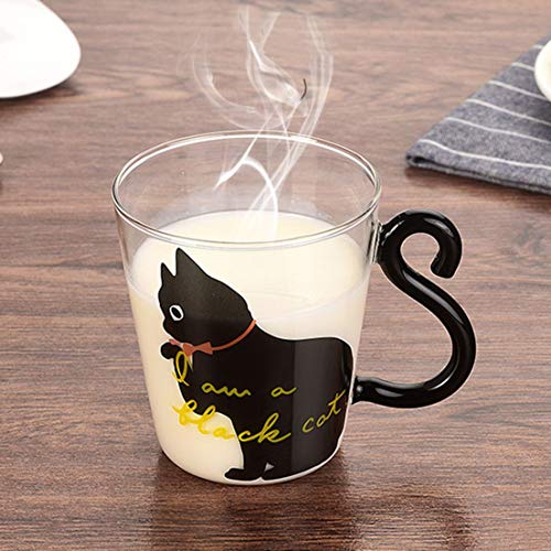 Cute Kitty Glass Water Cup Cat Tail Handle Mug Milk Tea Coffee Fruit Juice Mug Drinkware Home Office Cup Lovers Gifts - Black