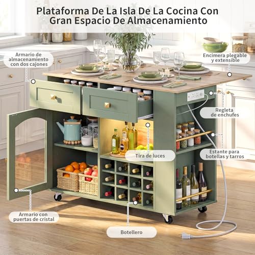 SIMPLE ESPACIO Isla de Cocina,Isla Cocina Está Equipada con una Mesa Plegable,Enchufes y Tiras de Luces,un Botellero y un Estante para Condimentos,Armarios y Cajones,Asas y Ruedas(Blanco-Verde)