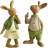 KiaoTime Set of 2 Vintage Rustic Country Bunnies Figurine Ornament Decorative Easter Decor Resin Bunnies Rabbit Egg Figurine Rabbit Statue (Standup Bunnies)