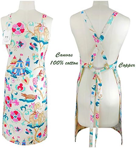 100% Cotton Canvas Apron,Aiden Brothers Unique Updated Adjustable Neck Waist Extra Long Cross Back Ties 2 Large Pockets Canvas Chef's Apron 26"x35" (Monkey Elephant), Adjustable up to XXL