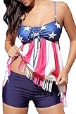 Aleumdr Womens Spaghetti Straps USA Flag Fringe Tassels Tankini Swimsuits with Swim Shorts S - XXXL