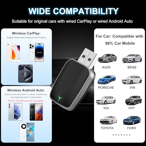 Wireless CarPlay Adapter for iPhone – Plug & Play CarPlay Dongle – Converts Wired CarPlay to Wireless – Fast Auto-Connect, Low Latency, USB-A & USB-C Compatible – English Manual Included
