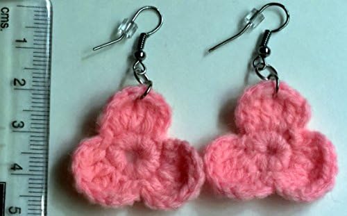 Three petal pink crochet flower earrings