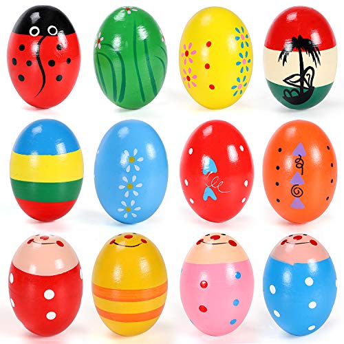 12 PCS Wooden Egg Shakers 3" Percussion Musical Egg Easter Eggs Kids Toys for Party Favors, Easter Basket Stuffers, Easter Egg Fillers, Easter Hunt , Classroom Prize Supplies, Easter Gifts