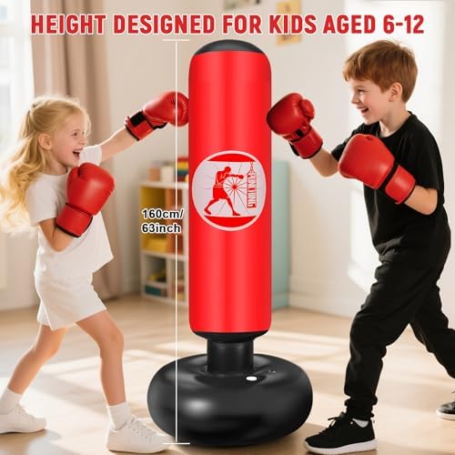 Sac de Boxe pour Enfants 6 à 12 Ans, 160cm Gonflable Sac de Frappe sur Pied, Sac de Boxe Set de Formation avec Gants, Cadeau Parfait pour Garçons et Filles pour Karaté, Taekwondo