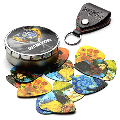 Van Gogh 12 Pack Guitar Picks with 100% Real Leather Picks Holder - Celluloid Medium Plectrums Unique Gifts For Guitarist - Thumbnail 7