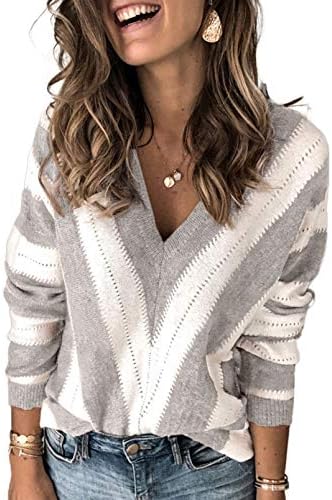 HOTAPEI Womens Long Sleeve Deep V Neck Hand Knit Striped Sweater Tops Loose Pullover Sweaters HOTAPEI Womens Long Sleeve Deep V Neck Hand Knit Striped Sweater Tops Loose Pullover Sweaters