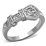 Stainless Steel CZ Belt Buckle Shape Engagement Promise Ring Women Girl Size 5-10 SPJ