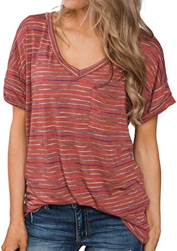 Women T-Shirt Short Sleeve V Neck Summer Stripe Tops Tee Loose Fit Blouse with Pocket