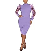 Annystore Women's Elegant Mock Neck Sheer Long Sleeve Mesh Bodycon Dress Ribbed Club Party Pencil Midi Dresses Clubwear