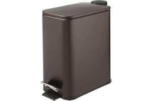 mDesign Slim Metal Rectangle 1.3 Gallon/5 Liter Trash Can with Step Pedal, Easy-Close Lid, Removable Liner - Narrow Wastebasket Garbage Container Bin for Bathroom, Bedroom, Kitchen - Bronze