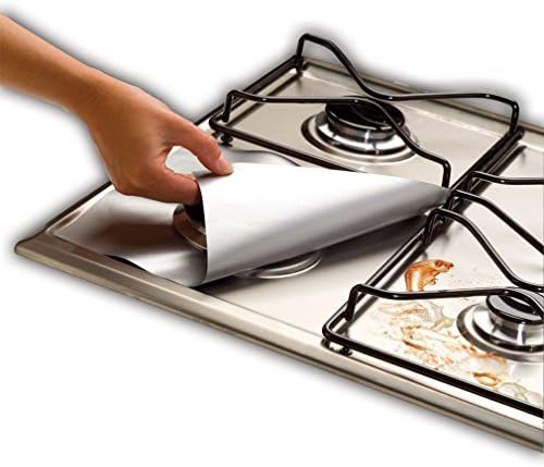 4 Pack Gas Stove Burner Liners- Sliver Square Gas Range Burner Protector FDA-Approved, Reusable, Non-Stick, 10.6 x 10.6 Inch.