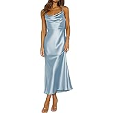 Summer Satin Spaghetti Strap Cowl Neck Backless Midi Dresses for Women Elegant Tie Low Back Ruched Cocktail Dress