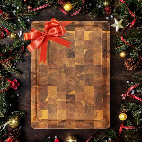 YES4ALL DURABLE ACACIA CUTTING BOARDS FOR KITCHEN, [20”LX15”WX1.5” THICK] LARGE END GRAIN CUTTING BOARD, PRE OILED WOOD CUTTING BOARDS, THICK CHOPPING BOARD W/JUICE GROOVES AND EASY GRIP HANDLE