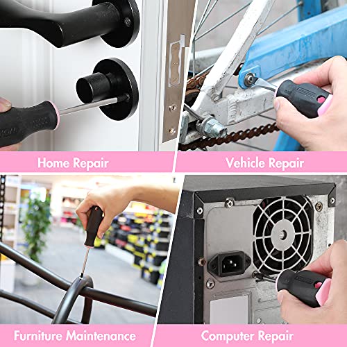 WORKPRO 6-Piece Pink Magnetic Screwdrivers Set, Includes 3 Slotted & 3 Phillips Screwdrivers, Stubby Screwdrivers, Soft TPE Handle, Cr-V Shank, Hand Tool Kit for Woman - Pink Ribbon