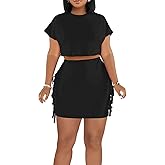 LYANER Women's 2 Piece Outfits Crewneck Fringe Short Sleeve Crop Top and Tassel Trim Bodycon Mini Skirt Set