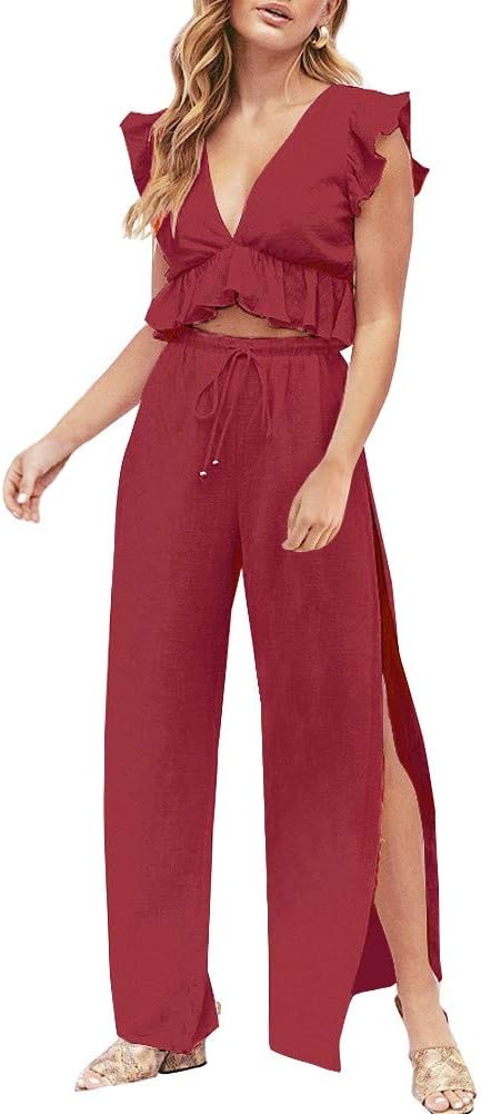 Womens 2 Pieces Outfits Deep V Neck Crop Top Side Slit Drawstring Wide Leg Pants Set Jumpsuits
