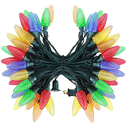 DEWENWILS C7 LED Christmas Lights Outdoor, 33.3ft 50 LED Multi Color String Lights, Outdoor Decorations for Christmas Tree, Patio, Garden, Yard, Green Wire, UL Listed