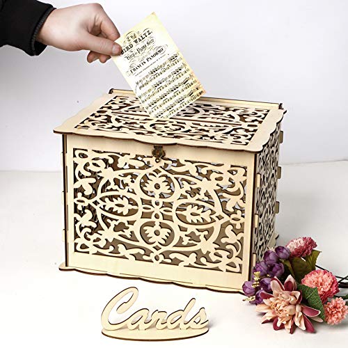 dezirZJjx Wooden Cards Box, DIY Wedding Gift Cards Box Party Decoration Hollow Case Holder with Lock - Thumbnail 3