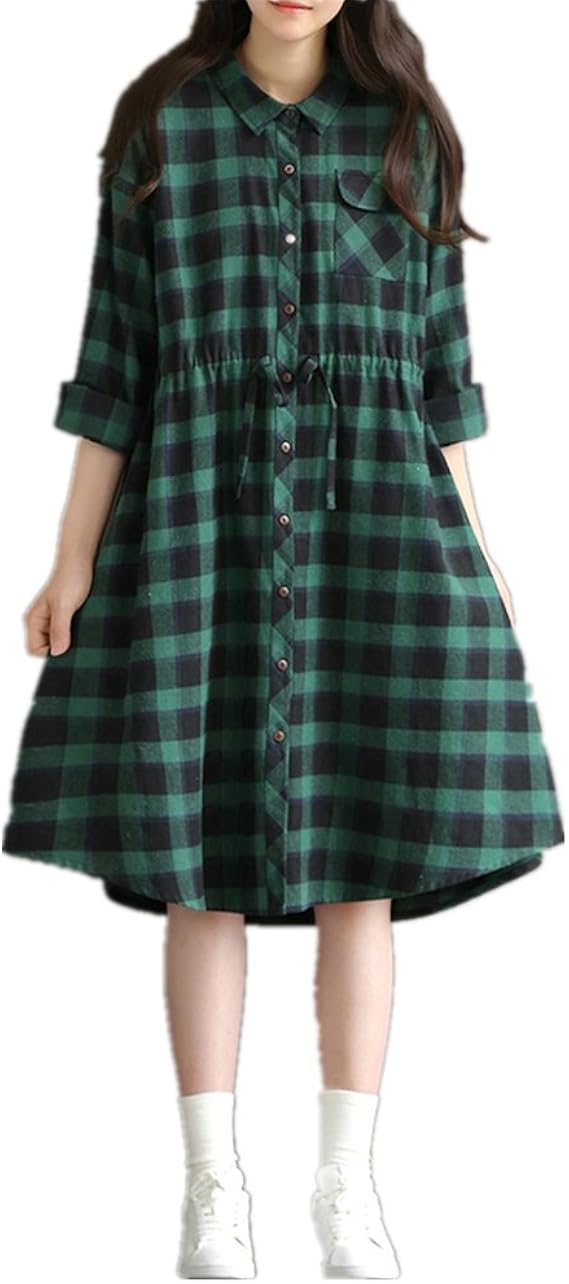 Yuyuchi 森ガール系 レディースワンピース チェック 文芸風ワンピース ゆるワンピース レトロワンピース 長袖 混紡 S ワンピース チュニック 通販 Amazon
