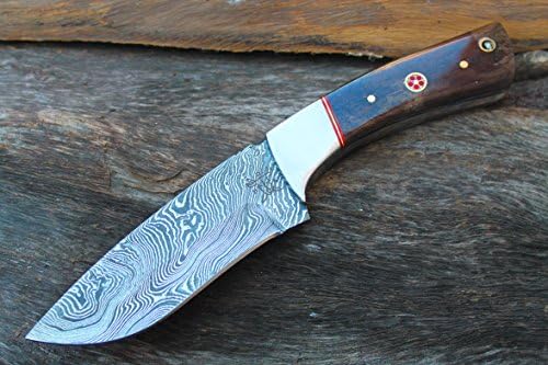 Damascus Blade Handmade 4.2" Hunting knife w/Dyed Buffalo Bone, Steel Bolsters &amp; Sheath Cover UDK-L-S-98