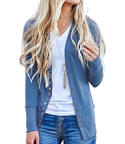 Women's V-Neck Solid Button Down Knitwear Soft Basic Long Sleeve Knit Snap Cardigan Sweater Blue 2XL