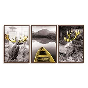 3 Panel Framed Canvas Wall Art for Living Room, Bedroom Deer with Gold Antlers Canvas Prints for Home Decoration Ready to Hang - 16"x24"x3 Panels