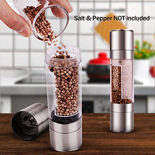 Mixoo Salt and Pepper Grinder Set, 2 in 1 Features with 2 Adjustable Ceramic Coarseness and 2 Fillable Spaces, Brushed Stainless Steel and Clear Acrylic Body - Thumbnail 2