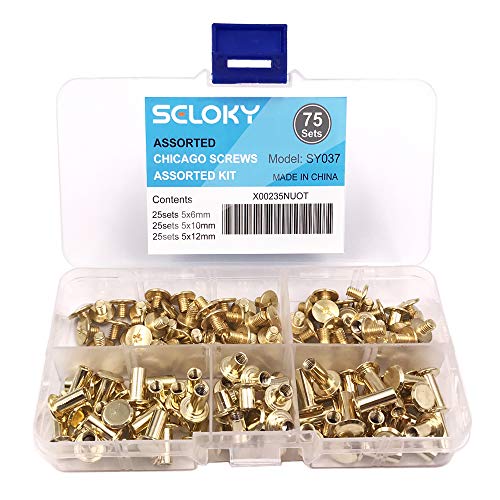 Seloky 75 Sets Gold Chicago Screws Assorted Kit 1/4 3/8 1/2 Inches Screw Posts Metal Accessories Nail Rivet Chicago Button for DIY Leather Decoration Bookbinding Round Flat Head Stud Screw